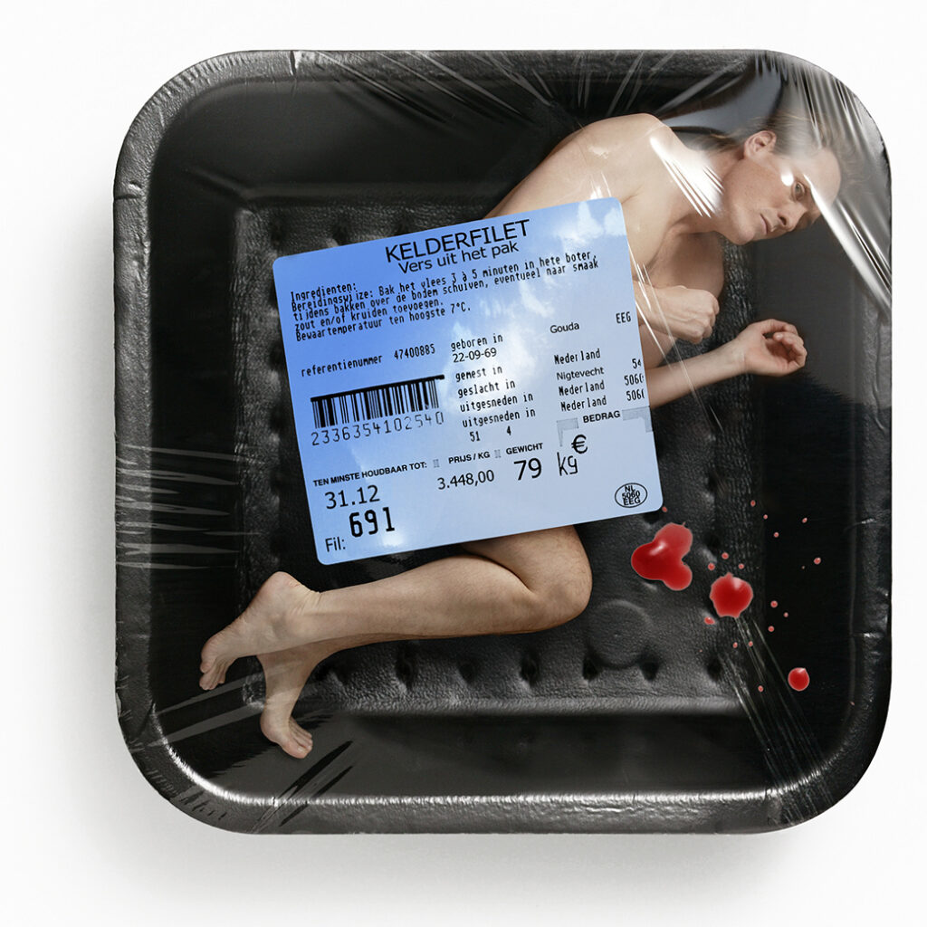 Jort Kelder in meat packaging.